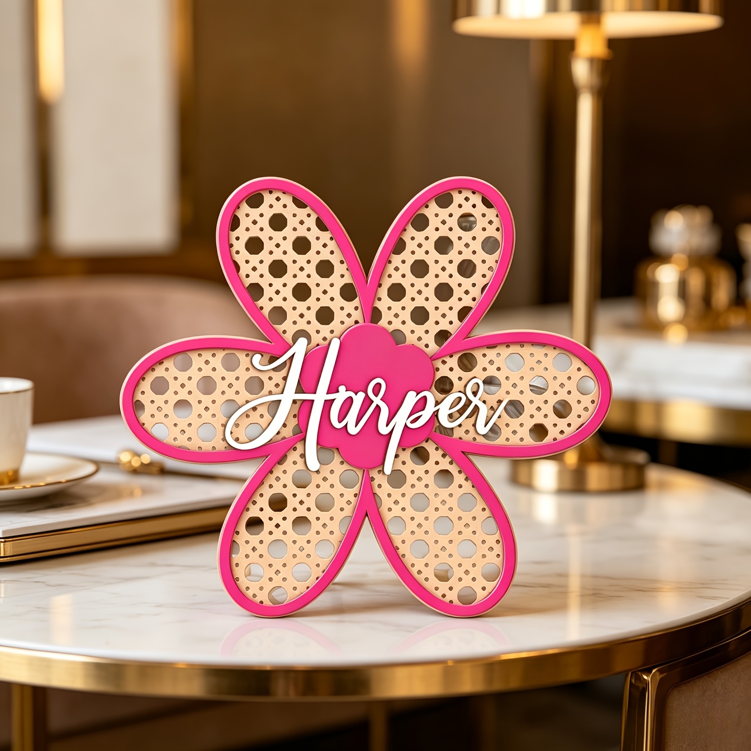 Baby Nursery Decor - Personalized Boho Rattan Flower Name Sign,