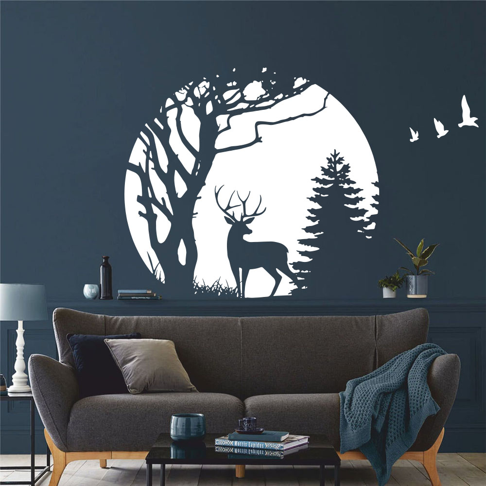 Baby Nursery Jungle Animals - Circle Forest Deer Pine Tree Wall