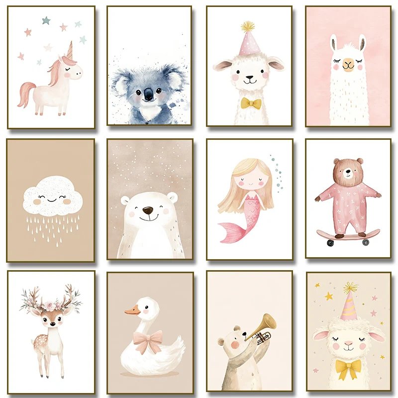 Baby Nursery Wall Art - Cute Watercolor Unicorn Mermaid Llama Goose