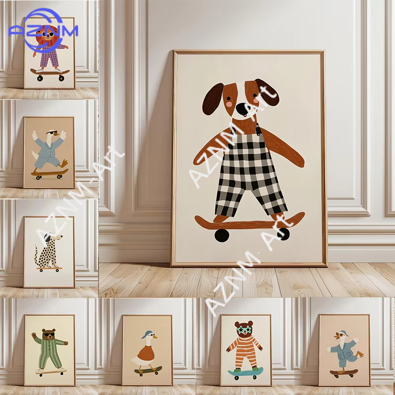 Baby Nursery Wall Art - 1PC Funny Animal Skateboarding Poster Trendy
