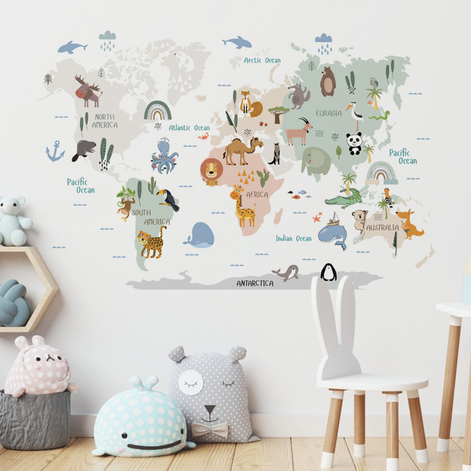 Baby Nursery Vinyl Wall Stickers - Watercolor Cartoon World Map Wall Stickers