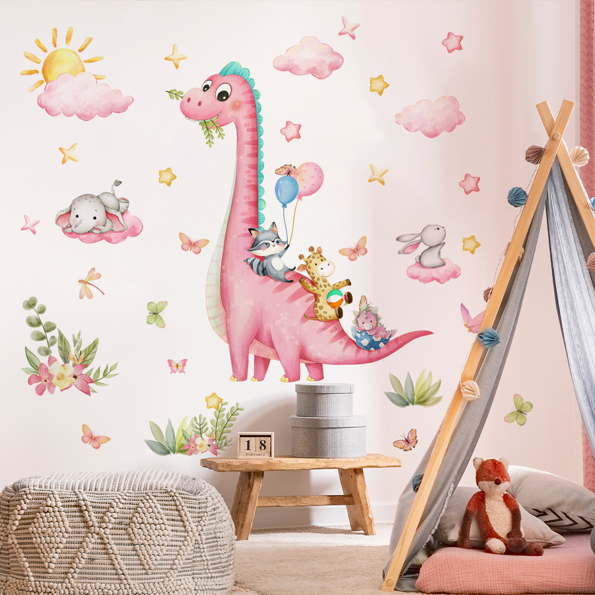 Large Cartoon Pink Dinosaur An - Baby Nursery Vinyl Wall Stickers 评论和价格