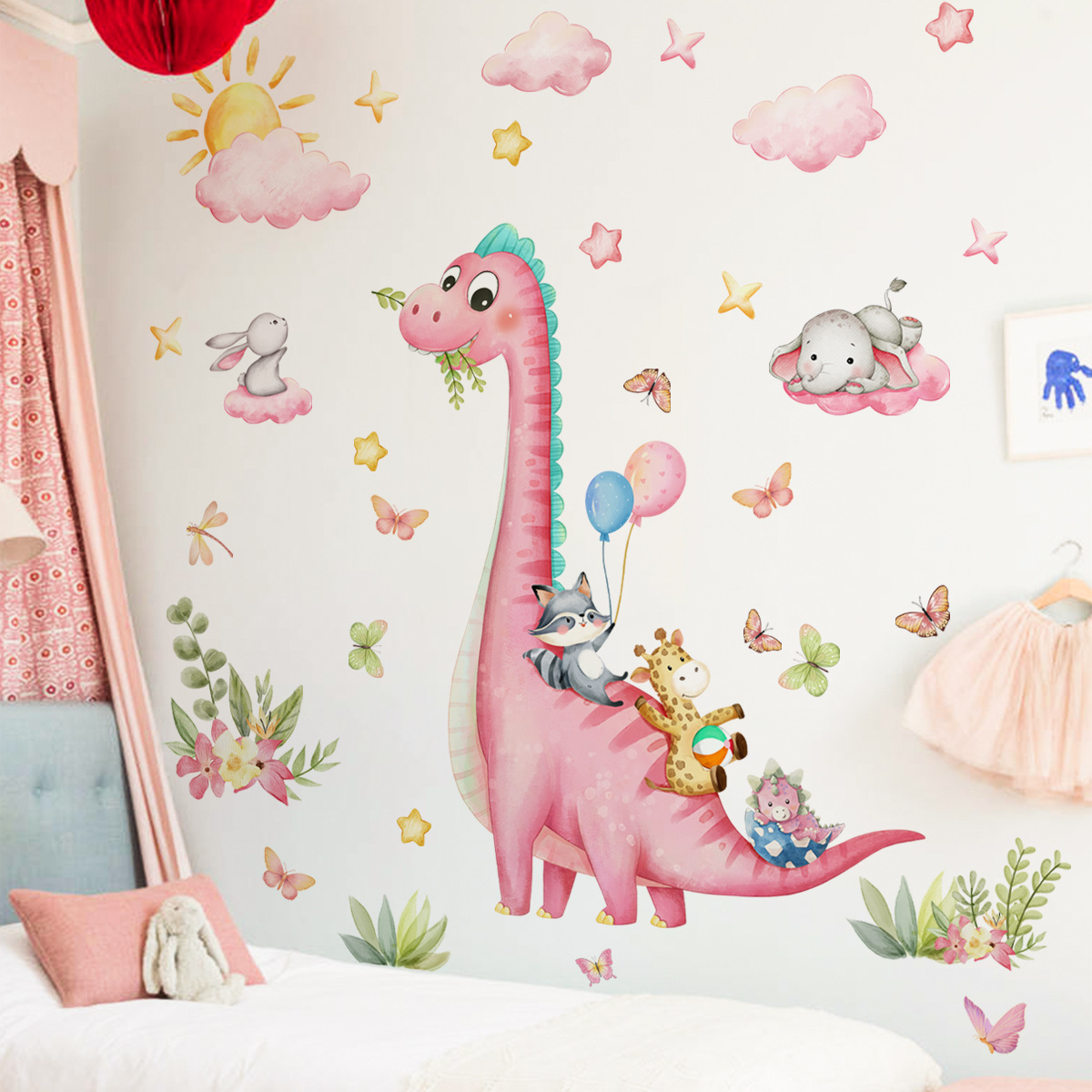 Large Cartoon Pink Dinosaur An - Baby Nursery Vinyl Wall Stickers 评论和价格