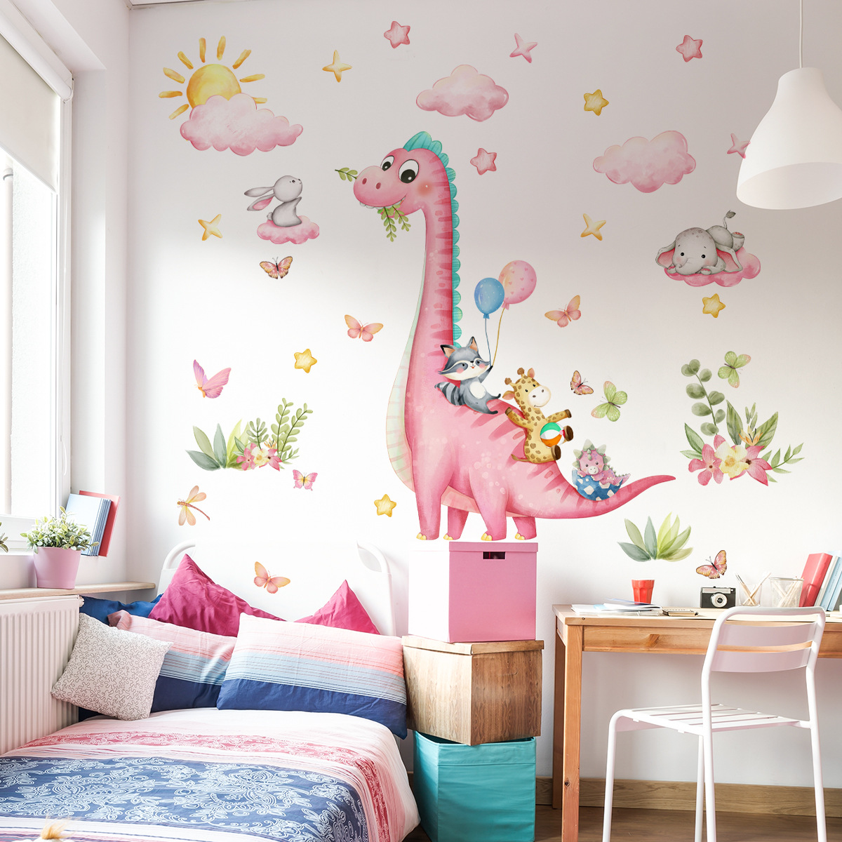 Large Cartoon Pink Dinosaur An - Baby Nursery Vinyl Wall Stickers 评论和价格