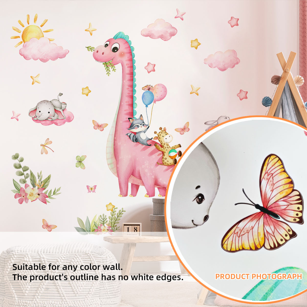 Large Cartoon Pink Dinosaur An - Baby Nursery Vinyl Wall Stickers 评论和价格