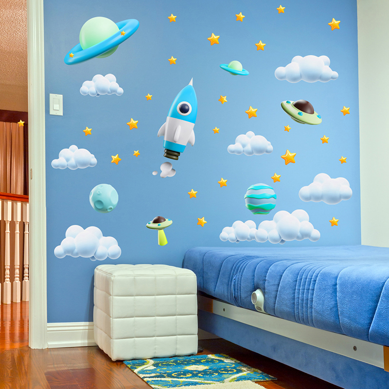 Blue Galaxy Space Rocket UFO W - Baby Nursery Vinyl Wall Stickers 评论和价格