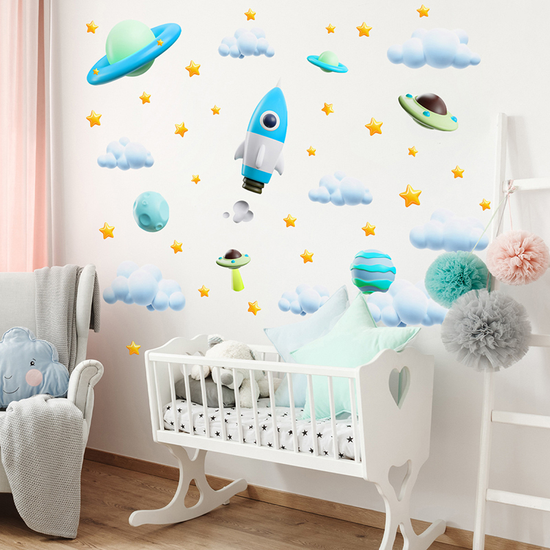 Blue Galaxy Space Rocket UFO W - Baby Nursery Vinyl Wall Stickers 评论和价格