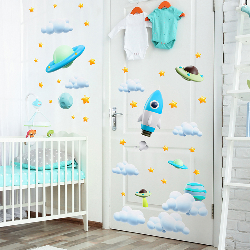 Blue Galaxy Space Rocket UFO W - Baby Nursery Vinyl Wall Stickers 评论和价格