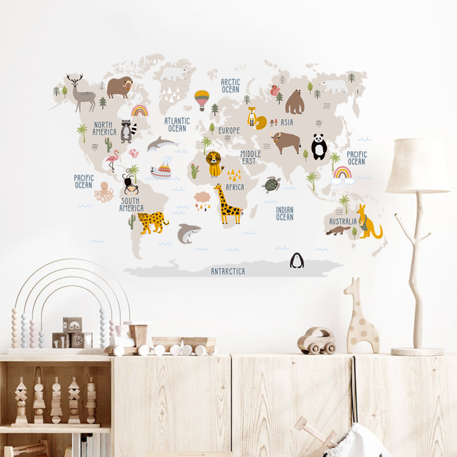 Watercolor  Cartoon World Map  - Baby Nursery Vinyl Wall Stickers 评论和价格